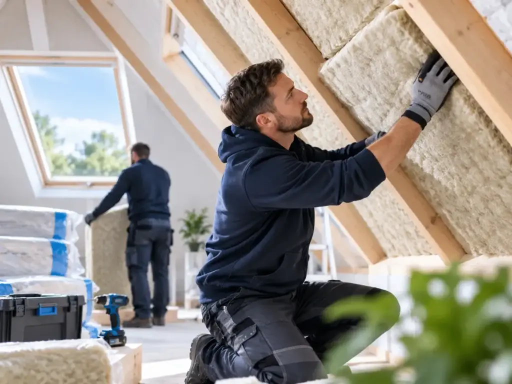 Vakmensen brengen dakisolatie aan in een woning als onderdeel van woningisolatie door Premium Isolatie.