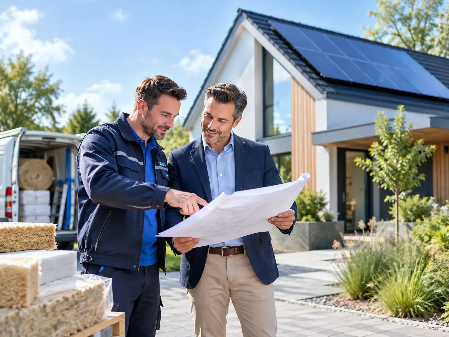 Partneroverleg van Premium Isolatie over woningisolatie en verduurzaming bij een moderne energiezuinige woning.