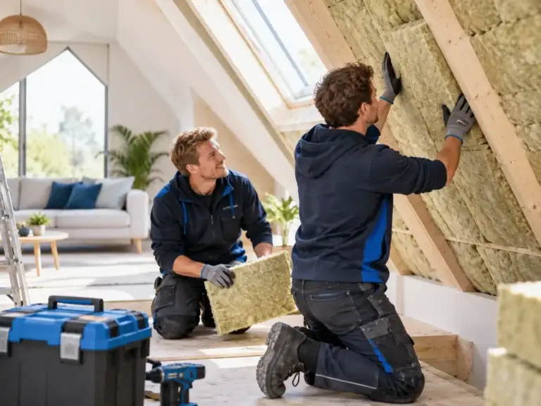 Over ons van Premium Isolatie met vakmensen die werken aan woningisolatie en duurzame verduurzaming in een zolderruimte.